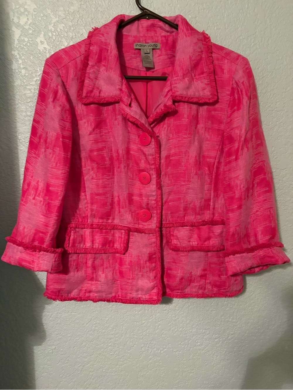 Sharon Young Pink Textured Button-Front Women's Jacket Linen Blend Sz L Preppy